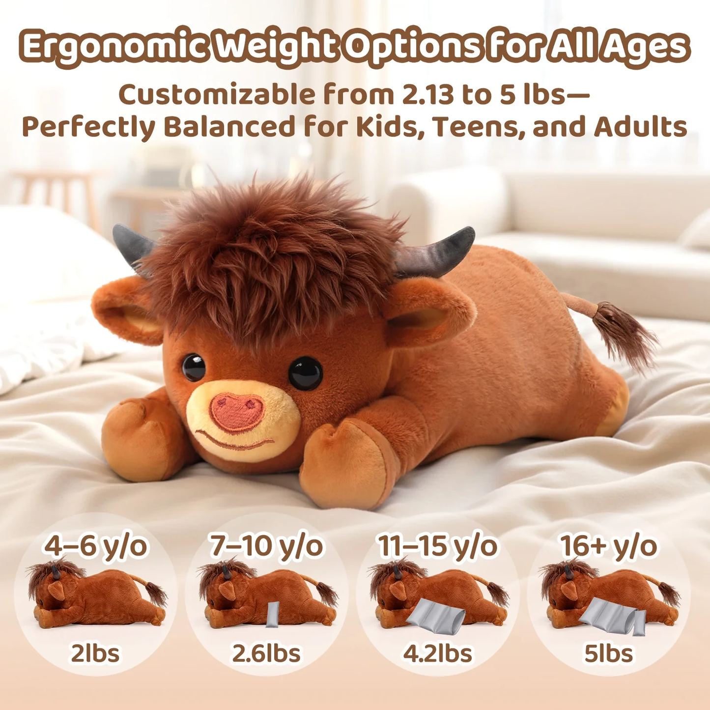 MeWaii® 5lbs Highland Cow Weighted Stuffed Animal  – Microwavable Plush Heating Pad for Anxiety Relief, Cramps & Sleep Gift