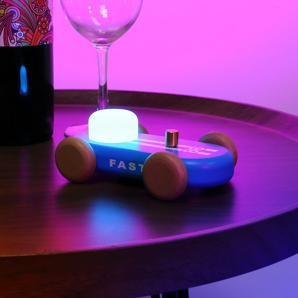 GOOD KART NIGHT LIGHT – Wooden Go Kart LED Table Lamp with RGB & Warm Light, Dimmable Bedside Ambient Light, Rechargeable Decorative Night Lamp